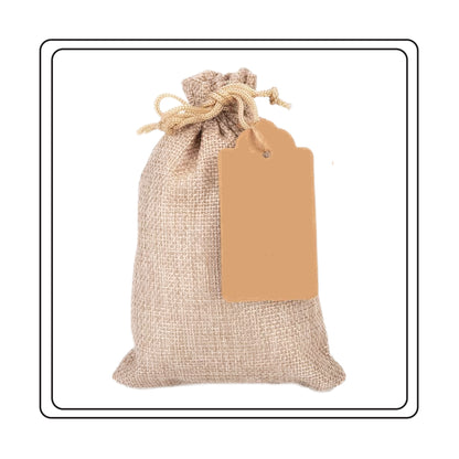Burlap drawstring bag with a brown tag on a white background