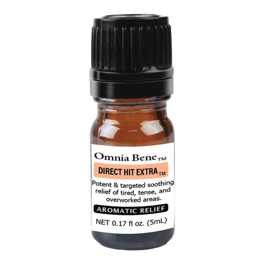 Small amber glass bottle with black cap labeled 'Omnia Bene Direct Hit Extra' on a white background