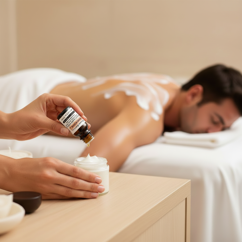 Person applying cream and Direct Hit Extra to a person receiving a massage in a spa setting.