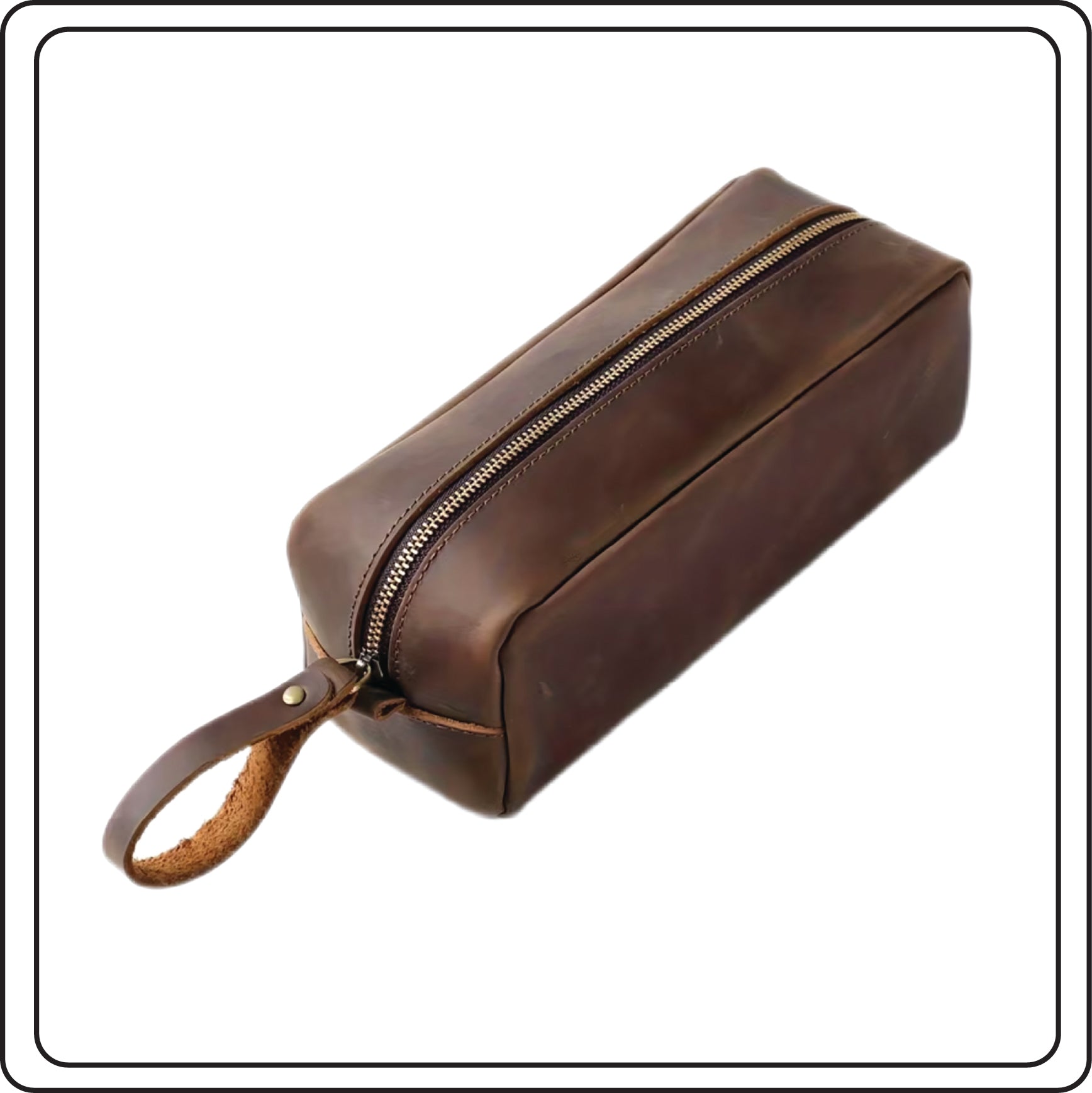 Brown leather toiletry bag with bronze zipper and a handle on a white background