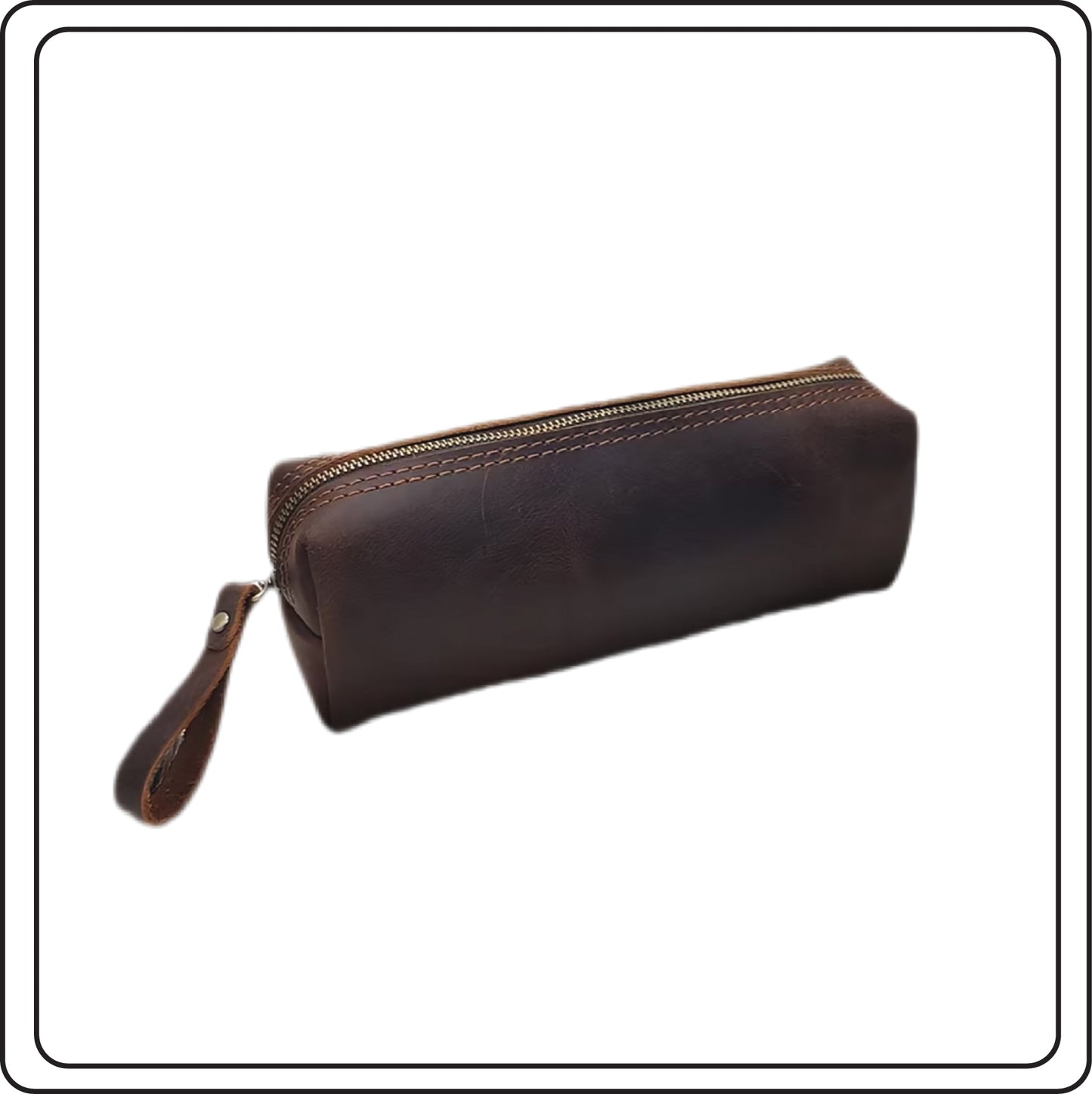 Small brown leather case with a zipper on a white background