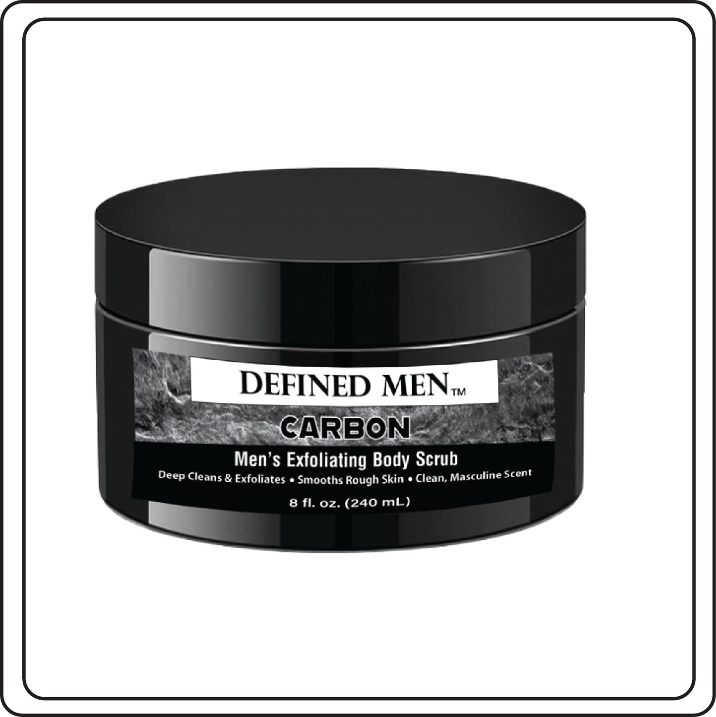 Black container Men's Carbon Exfoliating Body Scrub with Gray label, white background