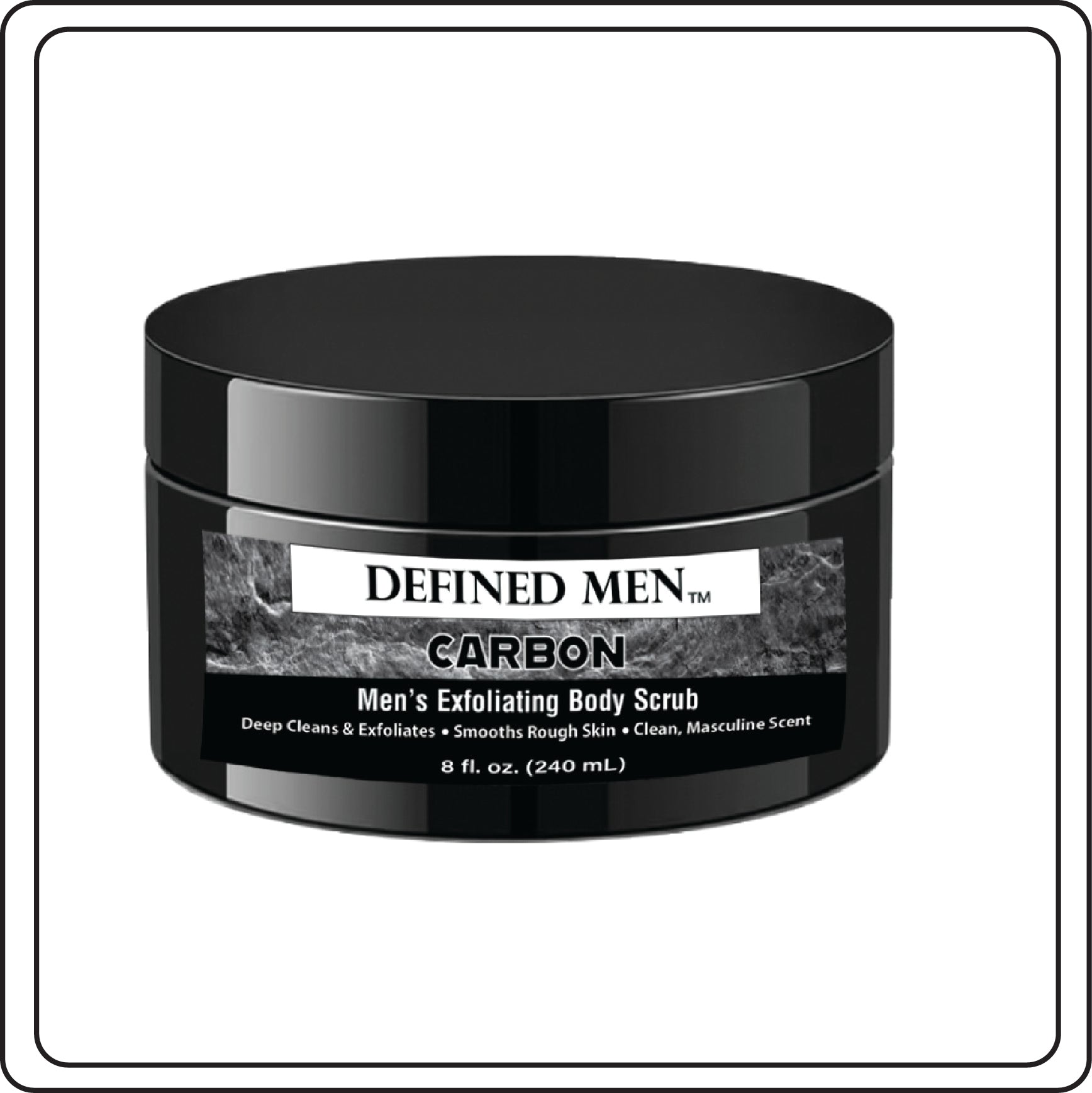 Black container Men's Carbon Exfoliating Body Scrub with Gray label, white background