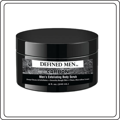 Black container Men's Carbon Exfoliating Body Scrub with Gray label, white background