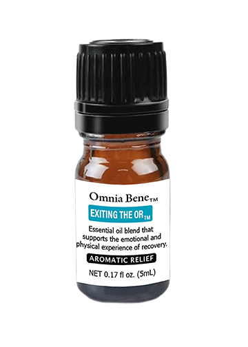 A 10mL amber glass bottle of Omnia Bene 'Exiting the OR' Aromatic Relief essential oil blend with a black ribbed cap and white label, shown on a plain white backgroun