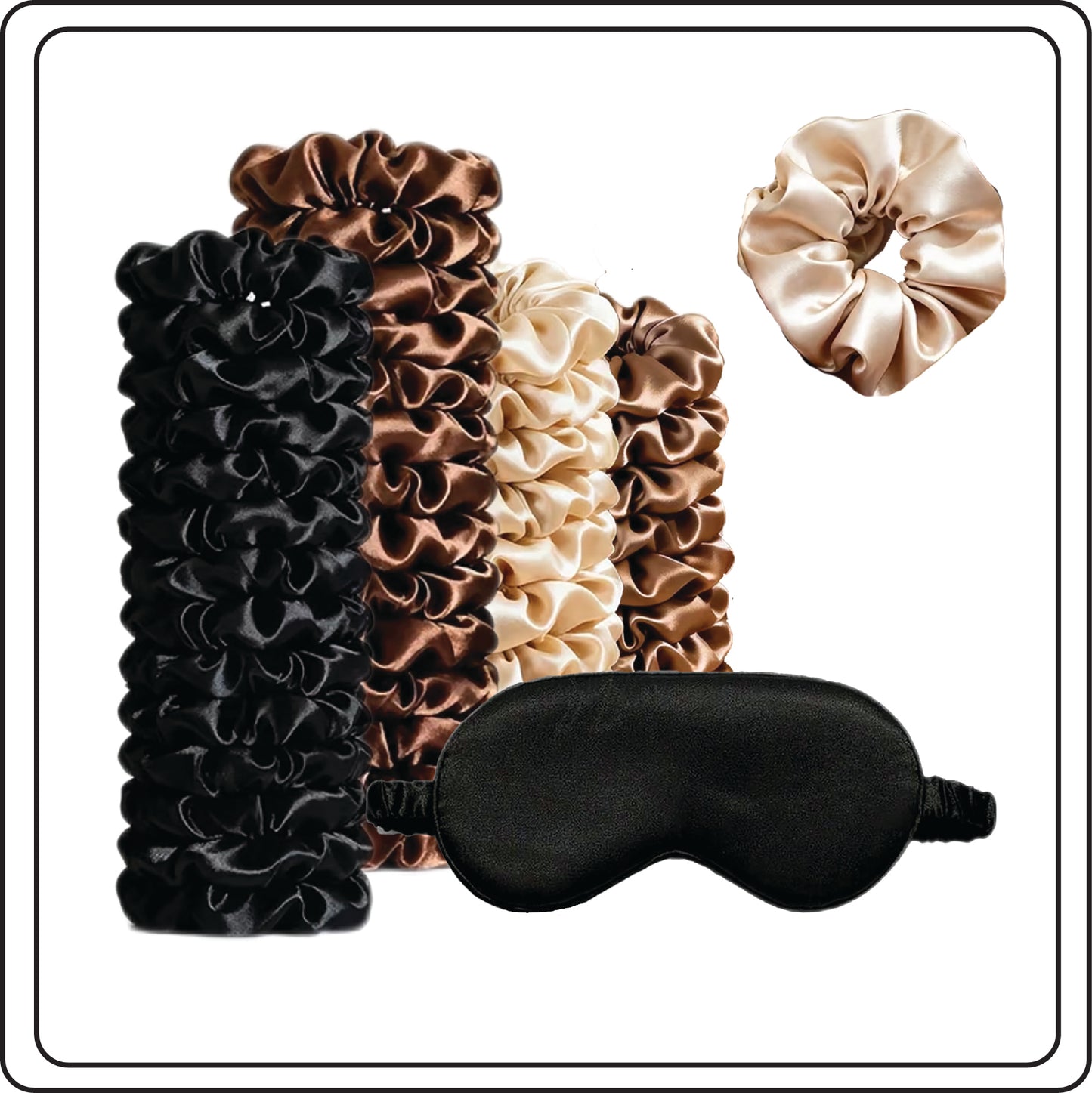 Set of satin hair ties and a black sleep mask on a white background