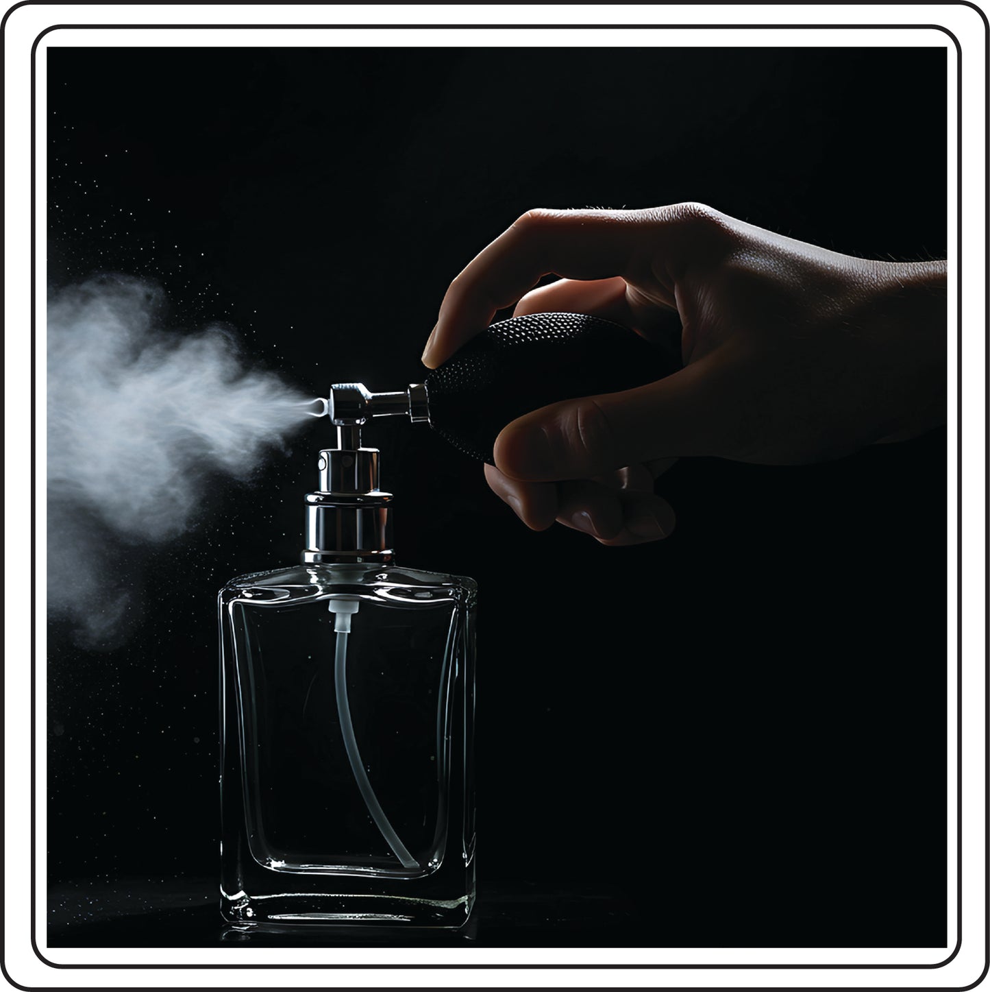 Hand spraying a clear glass perfume bottle with a dark background