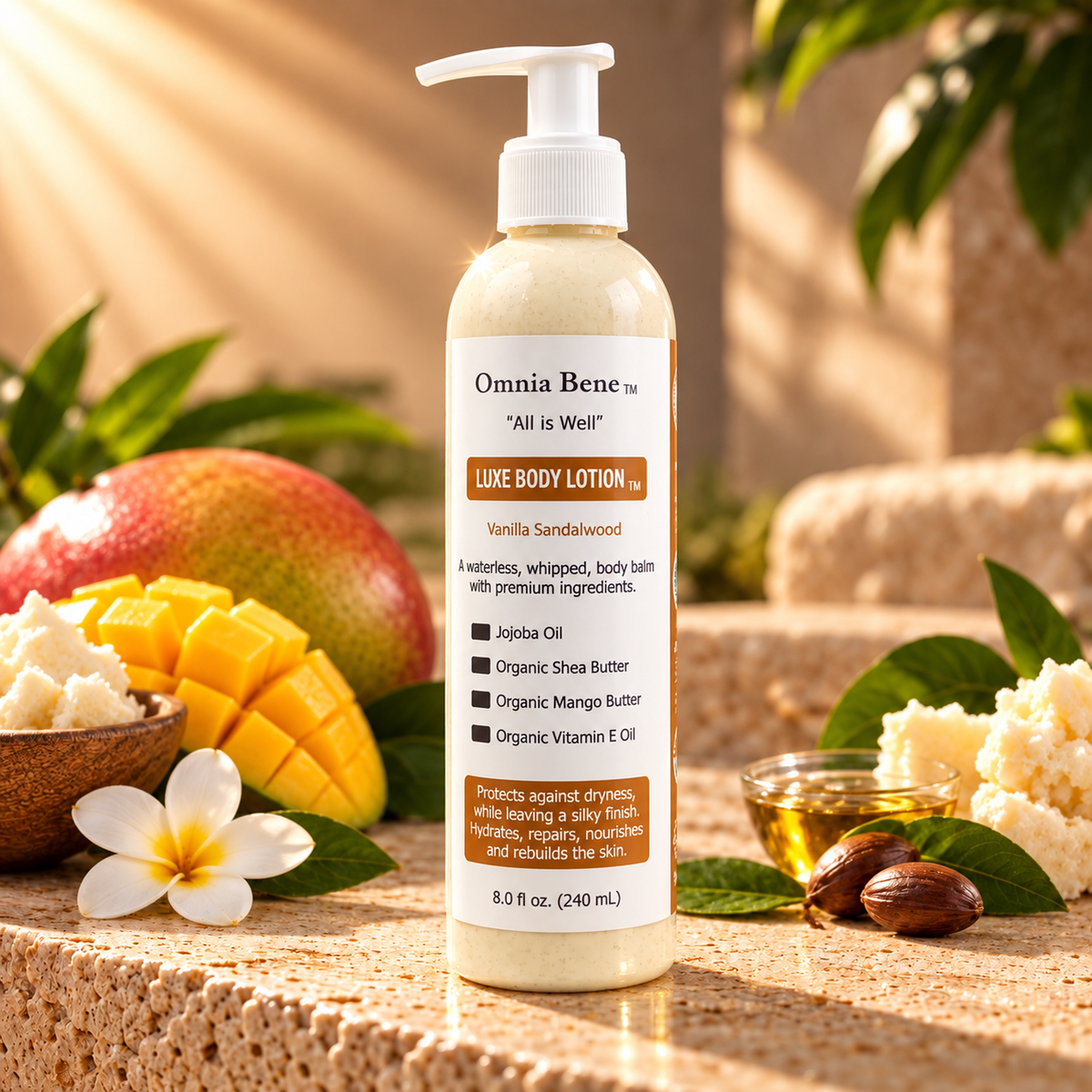 A bottle of Omnia Bene Luxe Body Lotion in Vanilla Sandalwood, styled on a stone surface with mangoes, plumeria flowers, and leaves in a warm, natural setting. Great for all-over body moisturizing and ever day use. Unisex.