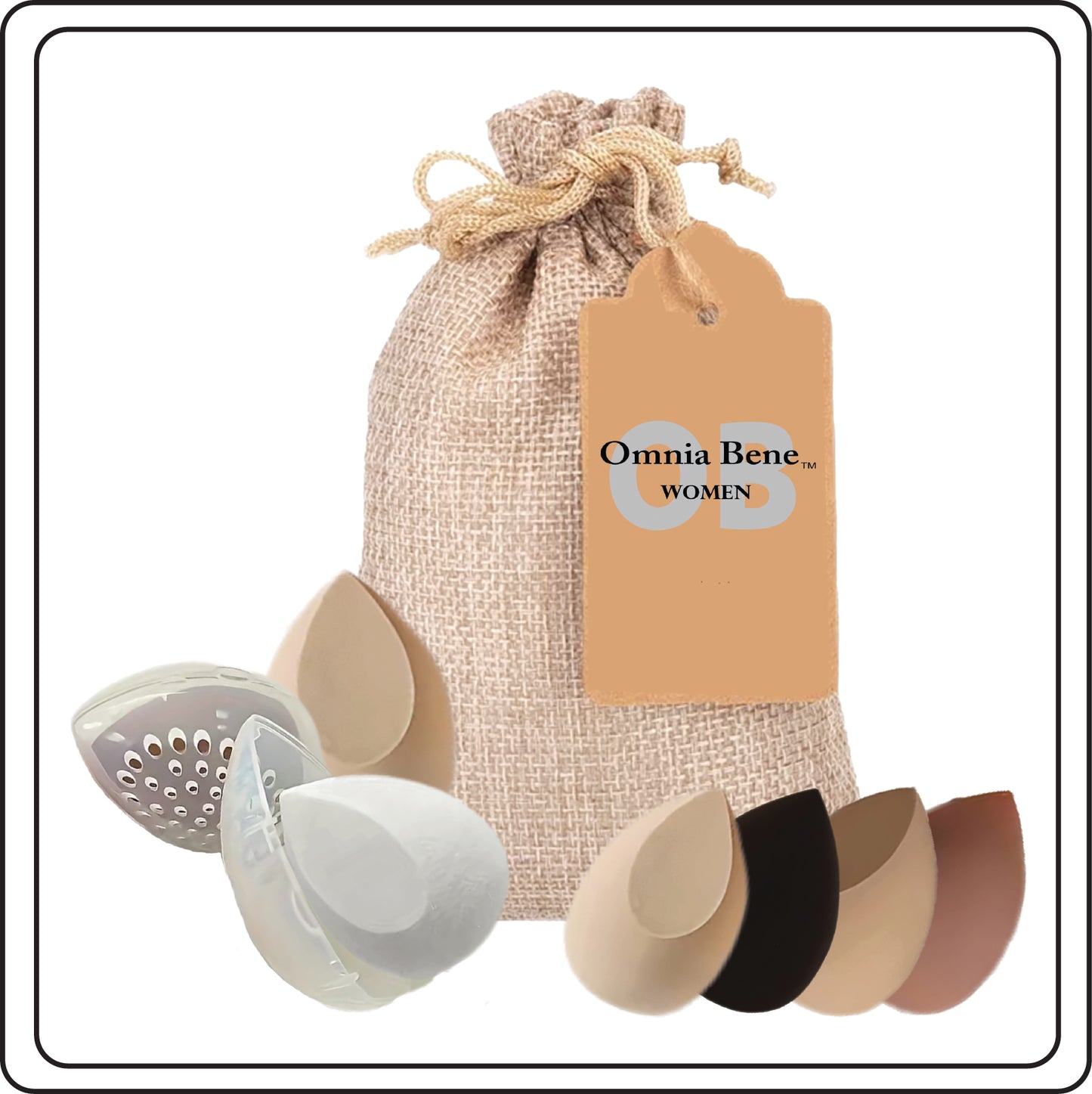 Set of makeup sponges in various colors with plastic carry cases and a burlap branded drawstring bag on a white background