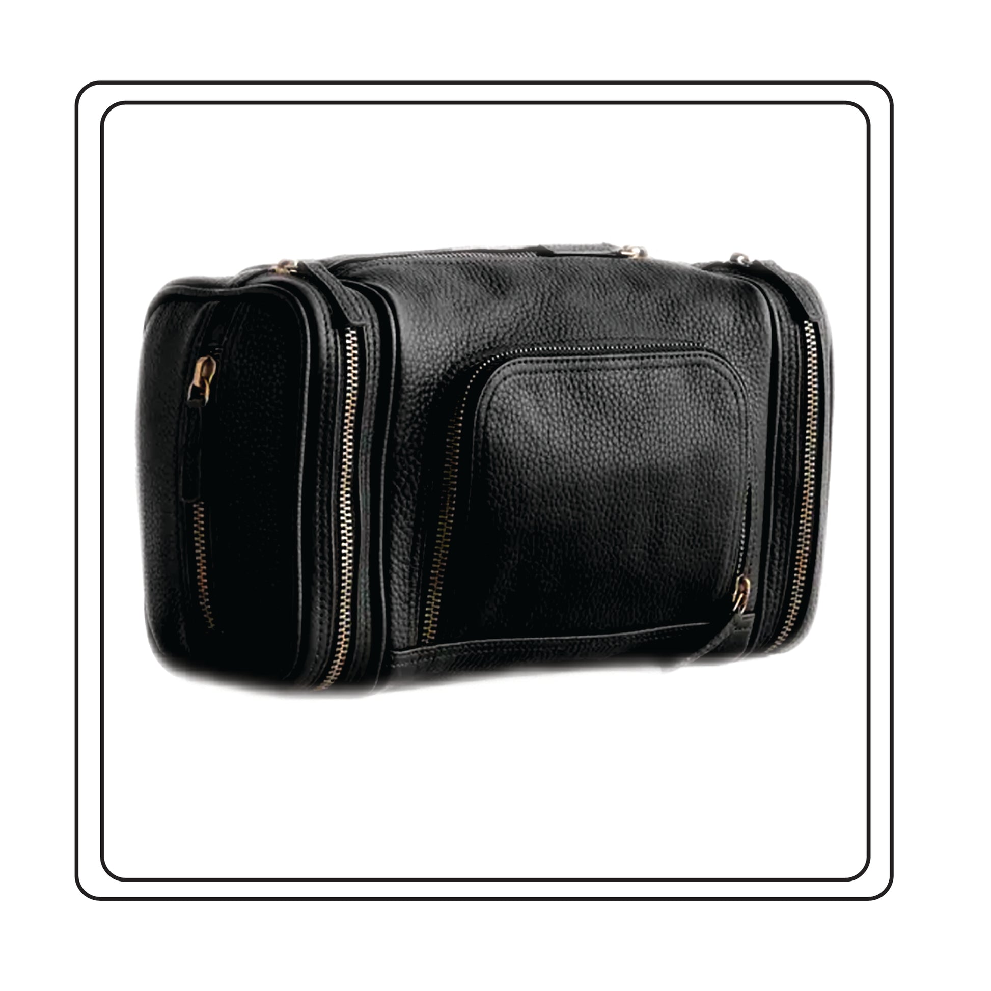 Black Nappa leather travel bag with gold zippers on a white background