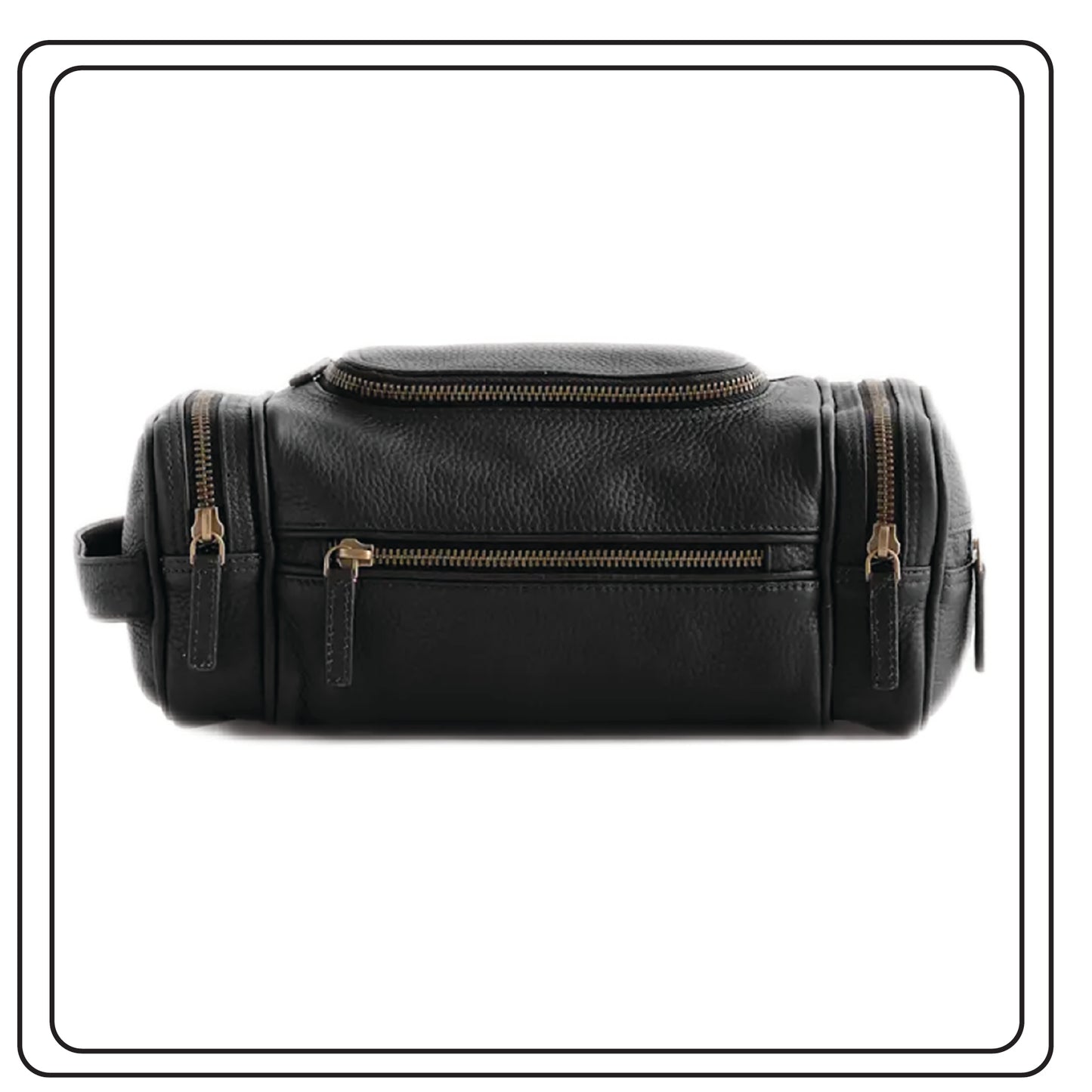 Black leather dopp kit with gold zippers on a white background