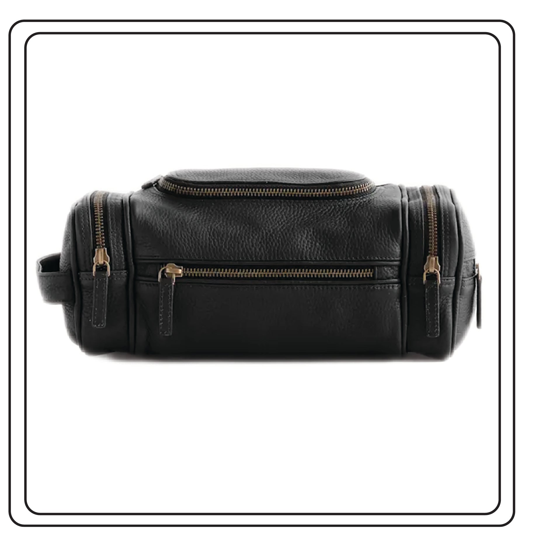 Black leather dopp kit with gold zippers on a white background
