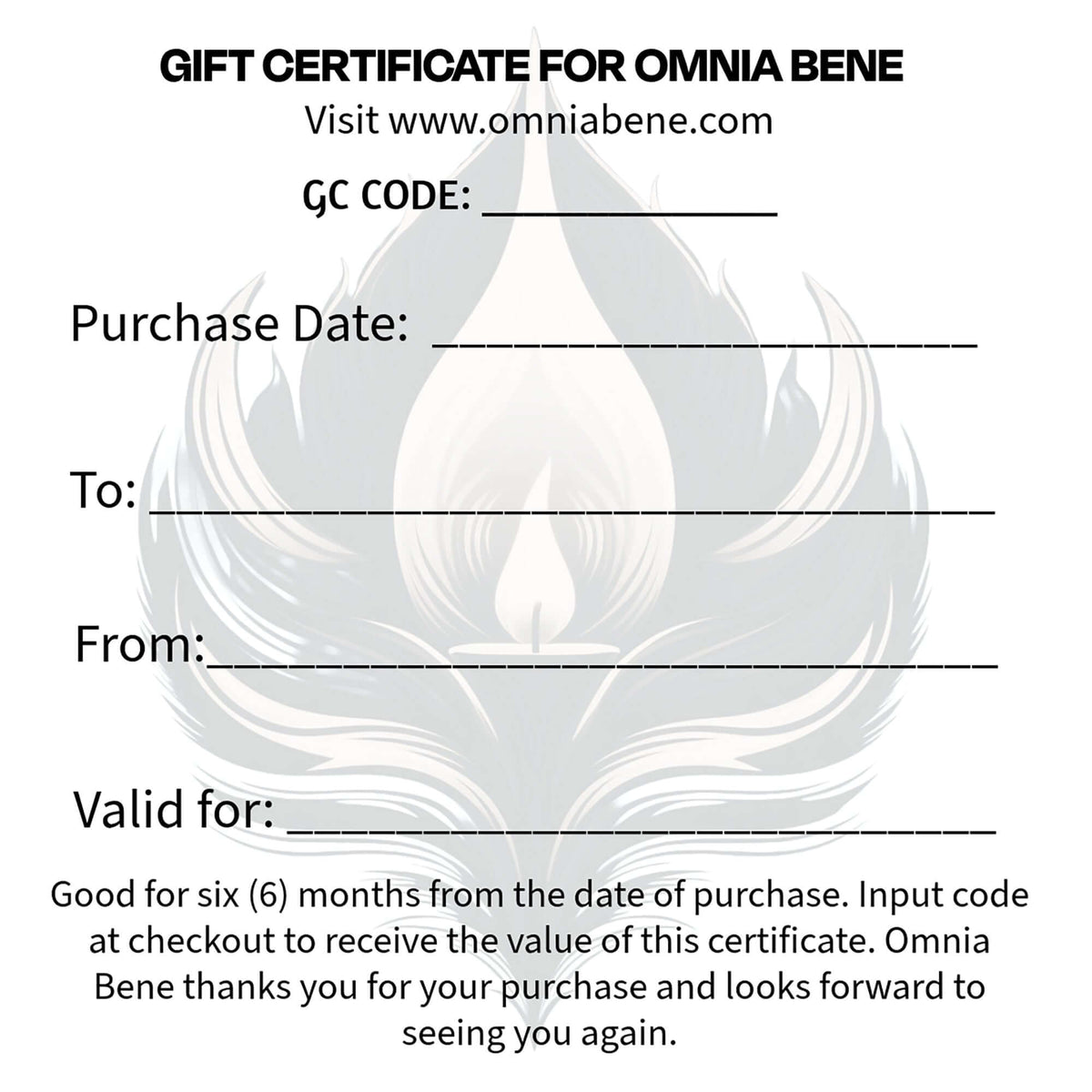 Omnia Bene Custom Wrapped Gift Certificates with personalized full-color glossy gift card.