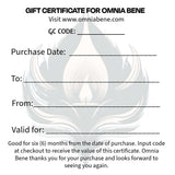 Omnia Bene Custom Wrapped Gift Certificates with personalized full-color glossy gift card.