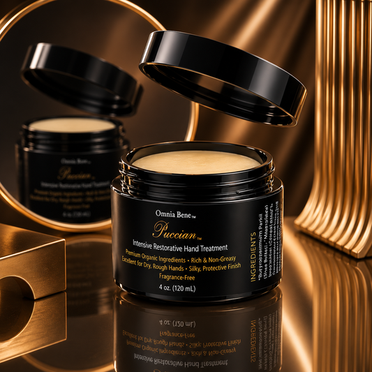 An open black jar of Omnia Bene's Puccian Intensive Restorative Hand Treatment with its lid floating above, set against a luxurious gold reflective background. Protective hand balm for rough, dry, aging skin. Nighttime repair, Conditions and protects in outside cold winter weather, even above cheek bones on face.
