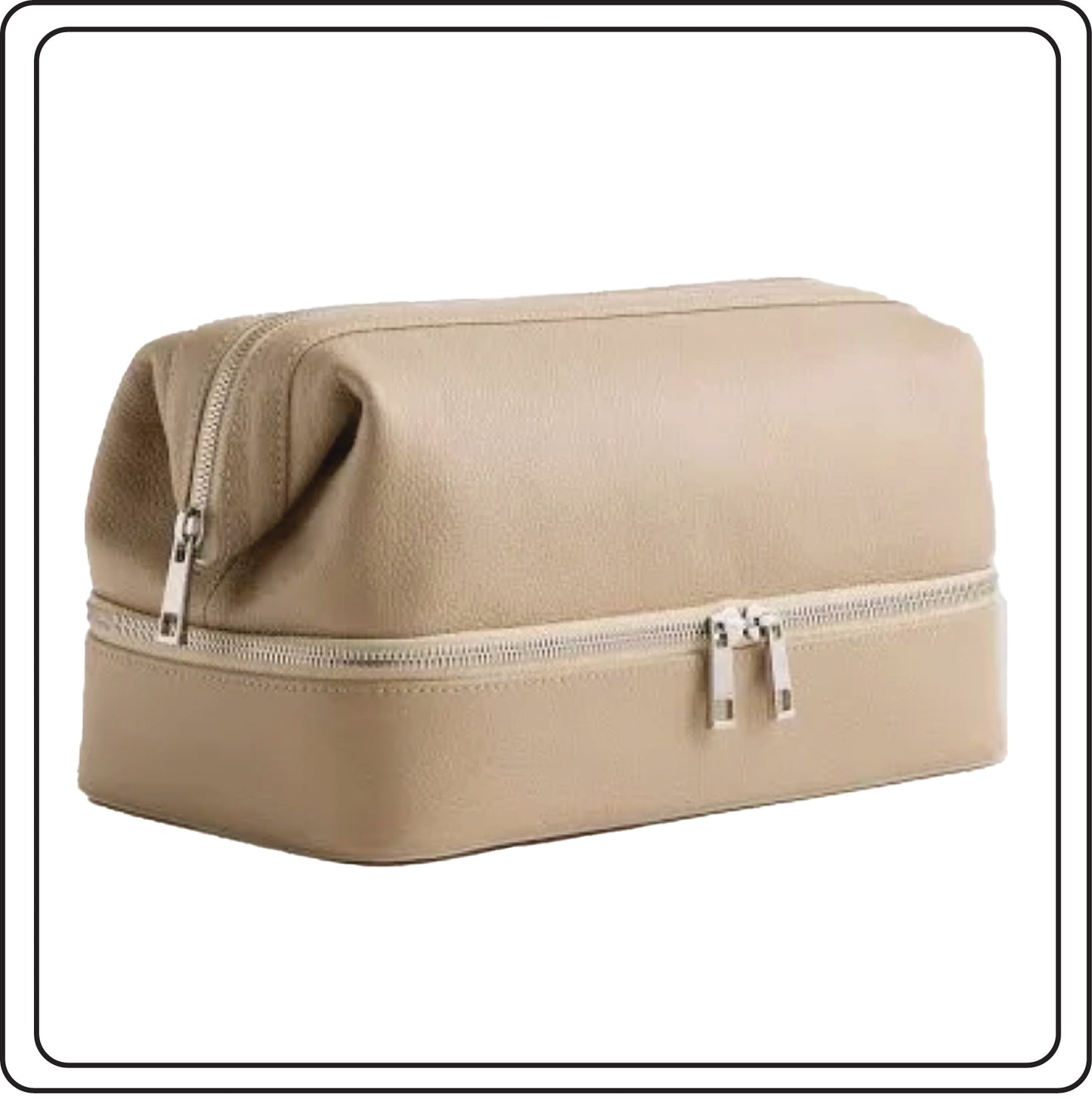 Beige leather toiletry, travel bag with a zipper on a white background