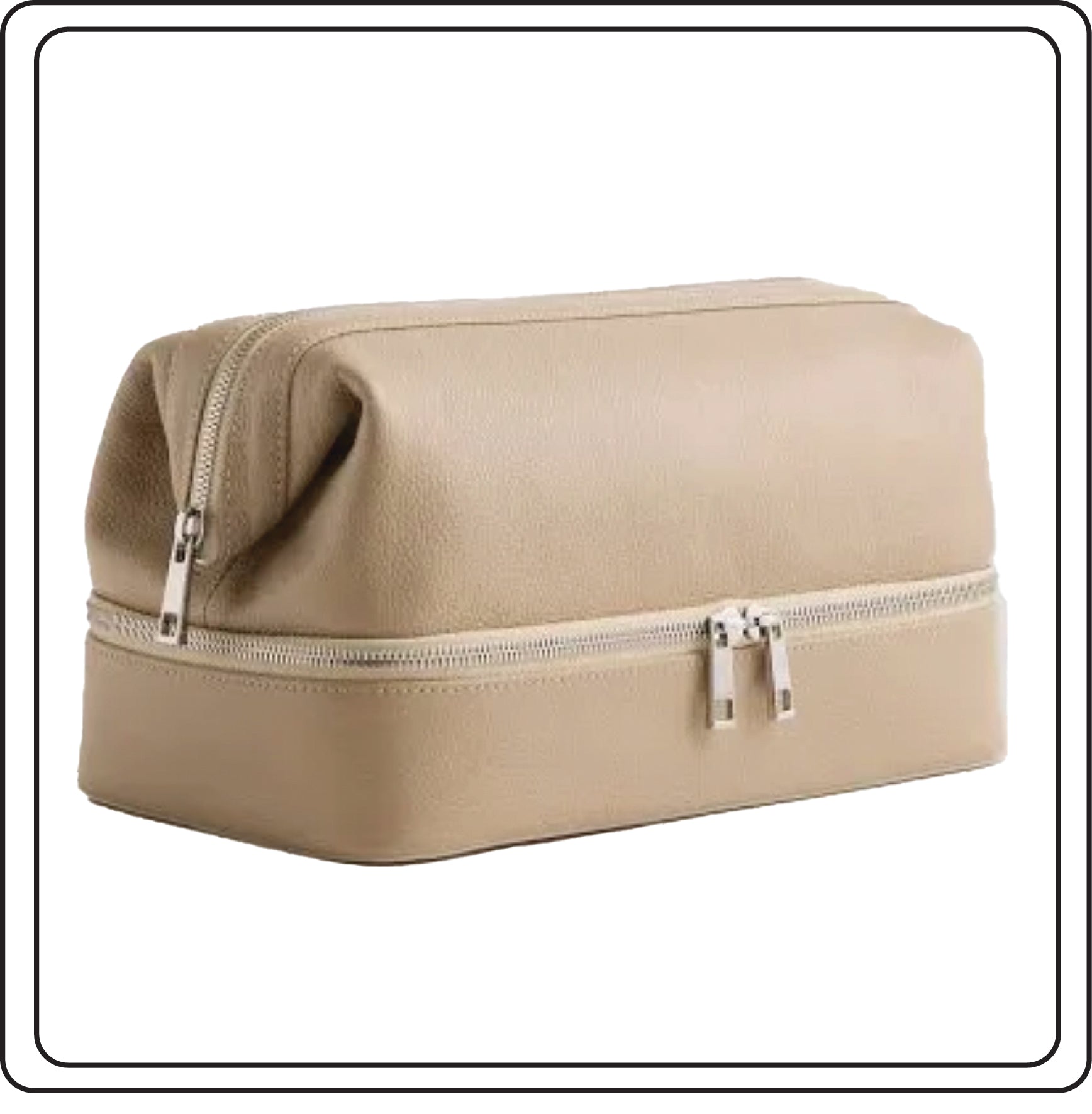 Beige leather toiletry, travel bag with a zipper on a white background