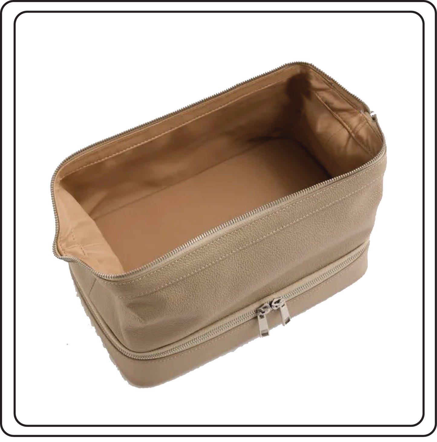 Inside of Puccian beige leather travel bag with a zipper on a white background