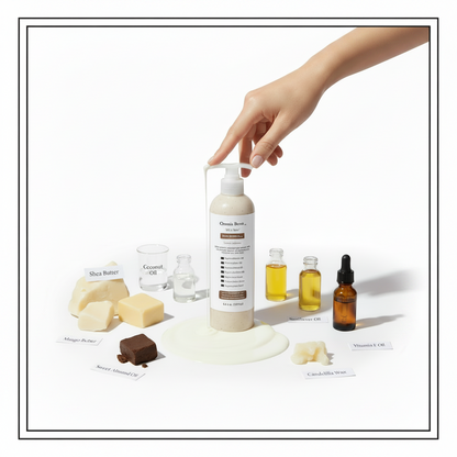 Hand reaching for a bottle labeled 'Omnia Bene' Satin Lotion Oil on a display of skincare products and ingredients.