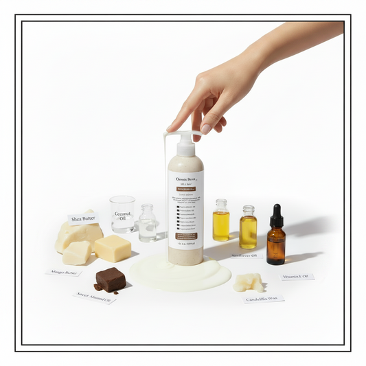 Hand reaching for a bottle labeled 'Omnia Bene' Satin Lotion Oil on a display of skincare products and ingredients.