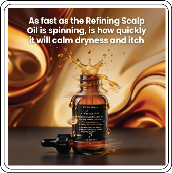 Bottle of refining scalp oil with text about its effects on dryness and itch.