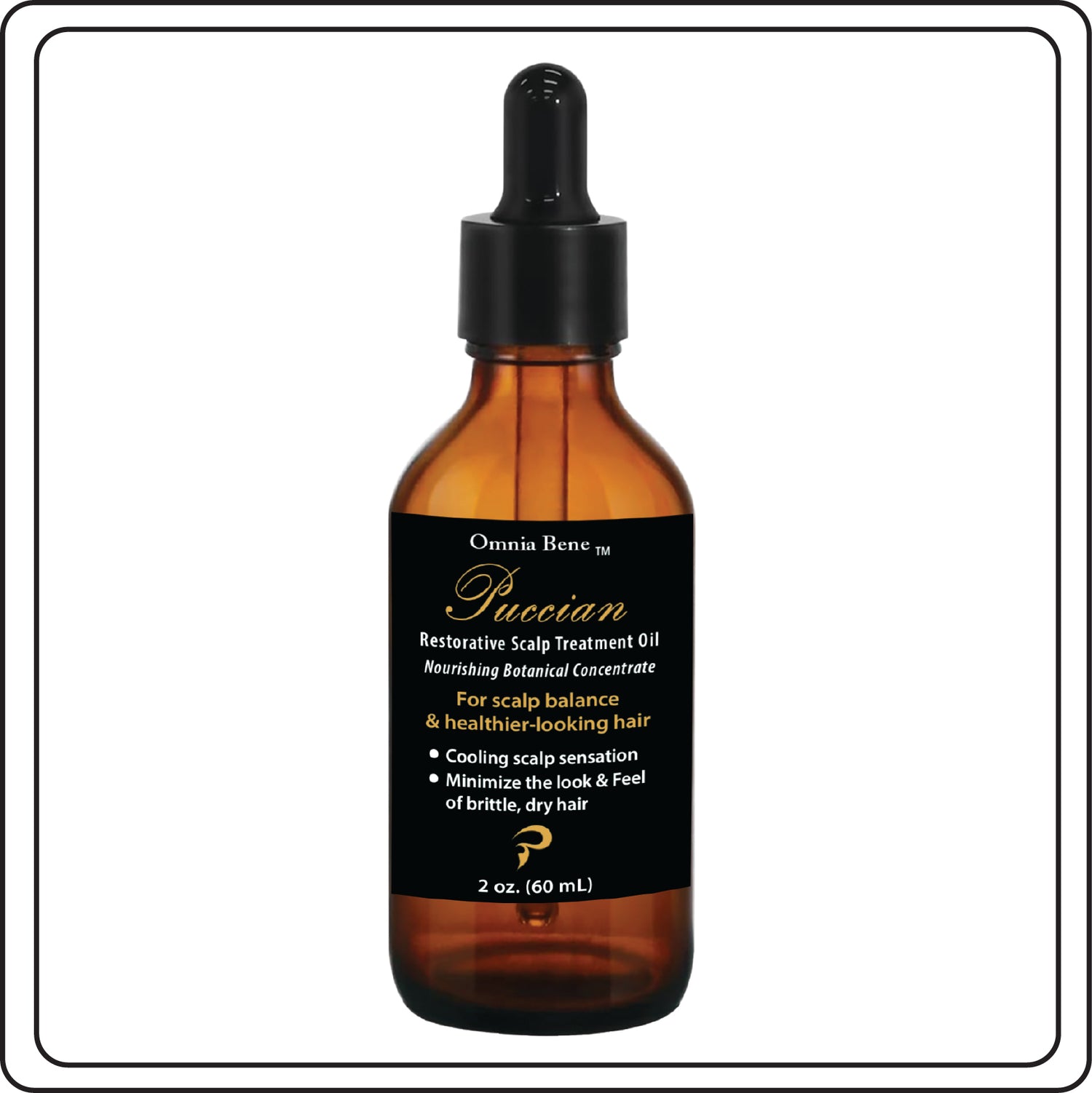 brown amber dropper bottle with black, white and gold foil label called Restorative Scalp Oil
