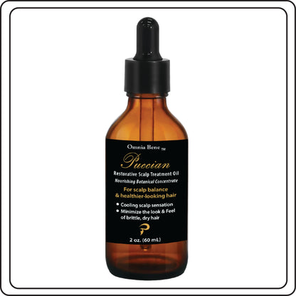 brown amber dropper bottle with black, white and gold foil label called Restorative Scalp Oil