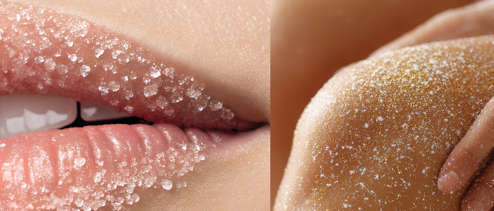 Close-up of lips with lip scrub and a hand with bod on skin scrub on knee