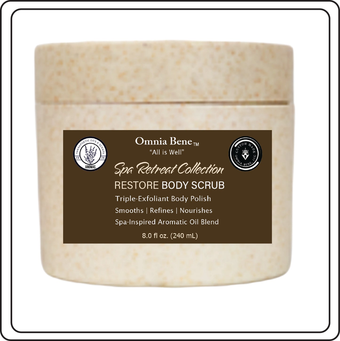 RESTORE Body Scrub by Omnia Bene on a white background