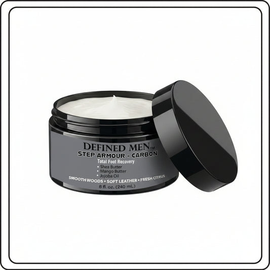 Black jar of Defined Men Step Armor on a white background