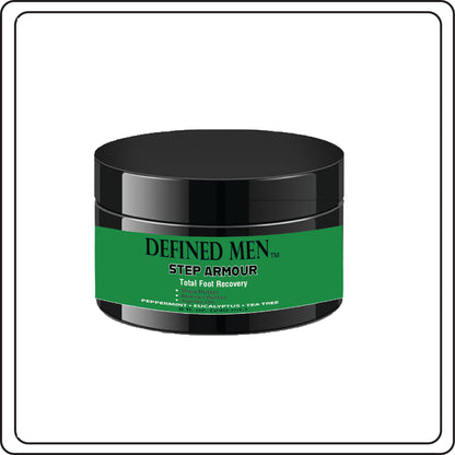 Black container Men's Step Armor Callous Treatment Peppermint-Eucalyptus with Green Label.