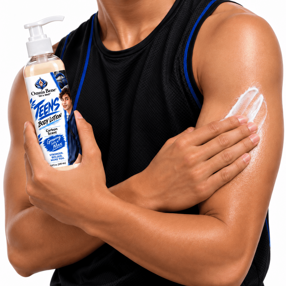 A teen boy in a black athletic tank top applies white body lotion from a bottle labeled 'Omnia Bene Teen's Body Lotion' to his upper arm against a clean white background. Teens body lotion is medium weight, deeply nourishing and conditioning. Carbon scented-woodsy, citrus, leather aroma. Great for young men too.