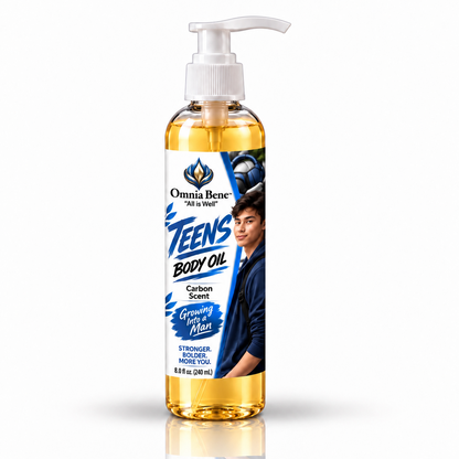 A bottle of Omnia Bene Teens Body Oil in a clear plastic bottle showing the golden-yellow oil inside, with a white pump dispenser. The label features blue and white graphics, text, and a photo of a young man. A lightweight body oil, organic, no mineral oil, parabens, sulfates, phthalates. Carbon scented. Moistures lightly, best used before TEENS Carbon Body Lotion for all-day deep hydration with organic shea & mango butters and jojoba oil.