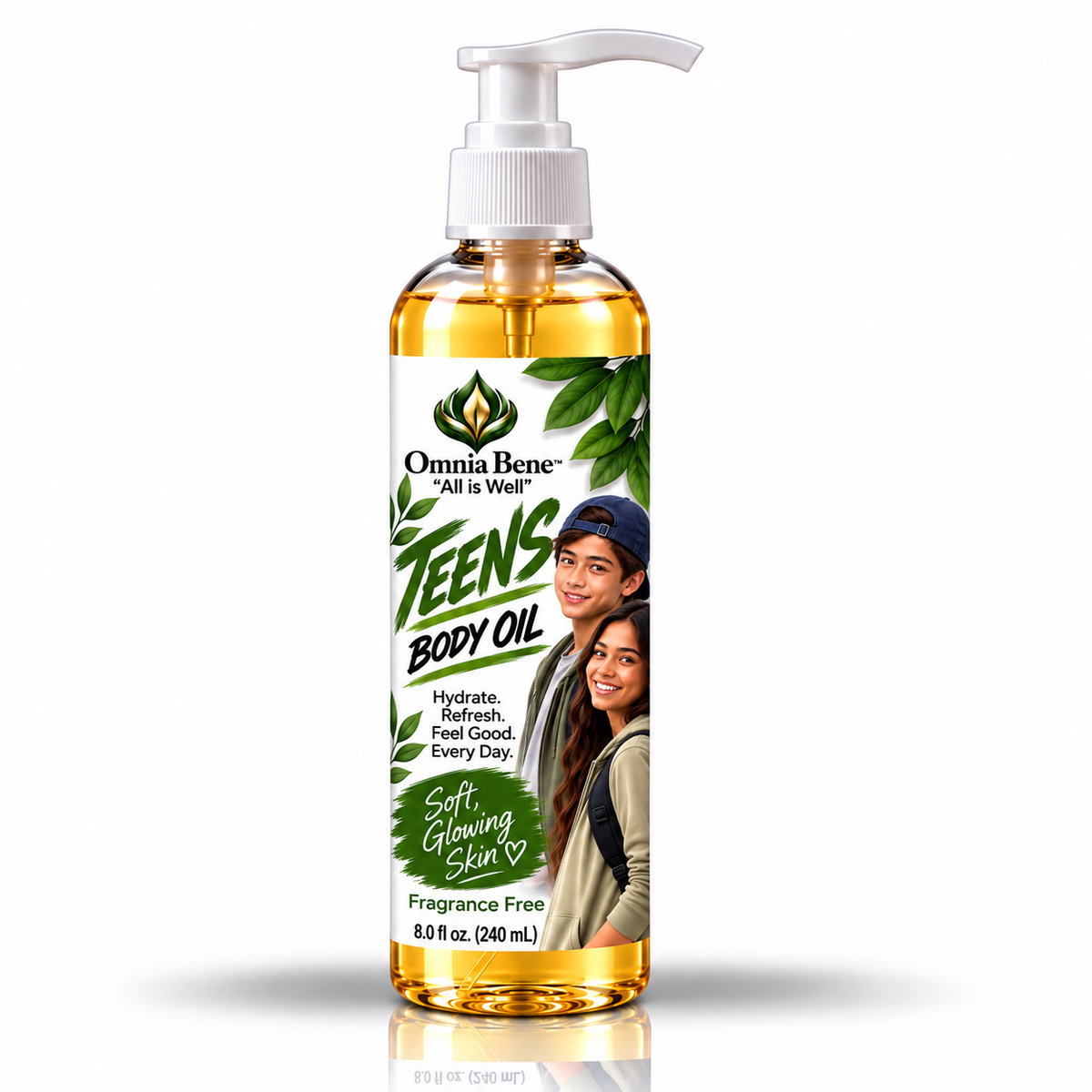 A bottle of Omnia Bene Teen's Fragrance-Free Body Oil with a white pump dispenser, containing golden yellow oil, set against a plain white background with a soft reflection below. Lightweight, glistening oil for light moisturization. Best sed with TEENS fragrance-free Body Lotion for all-day deep hydration.