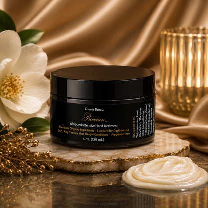 A black jar of Omnia Bene Whipped Intensive Hand Treatment sits on a marble slab with a swirl of cream product in front, styled with a white flower, gold leaf, and draped gold silk fabric in the background. Dry, rough, skin support. Daytime hand cream. Whipped, airy, Shea, Mango and Cocoa Butter plus Botanical Oils included in Whipped Intensive Hand Treatment. Fragrance Free. Organic Ingredients.