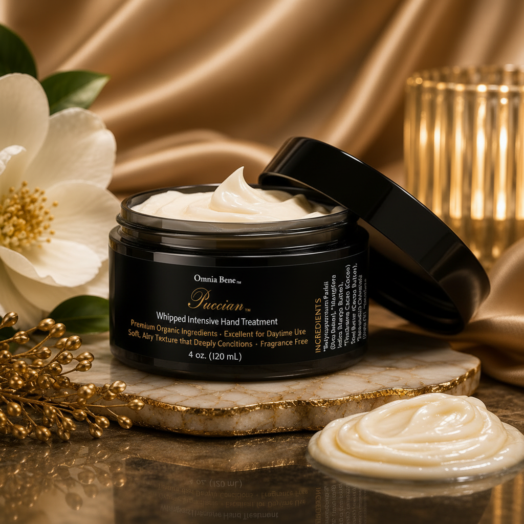 A black jar of Whipped Intensive Hand Treatment by Omnia Bene, filled with whipped cream and shown open on a marble slab with a cream swirl in front, set against a luxurious gold satin background with a white flower and gold candle. Organic Shea, Mango, Cocoa Butters plus botanical oils for this whipped, airy daytime hand cream.