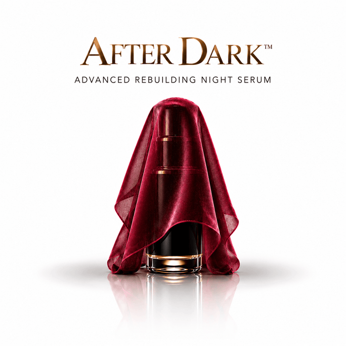 Omnia Bene After Dark advanced rebuilding night serum, shown draped in red velvet ahead of launch. Part of the Puccian facial line, arriving soon. A rebuilding treatment worn overnight, on cleansed skin.