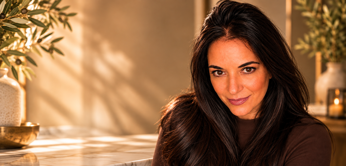 Angela Puccio, founder of Omnia Bene, at a marble counter in warm afternoon light.