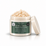 Omnia Bene AWAKEN Body Scrub with the lid off, showing the triple-exfoliant sugar polish heaped above the rim.