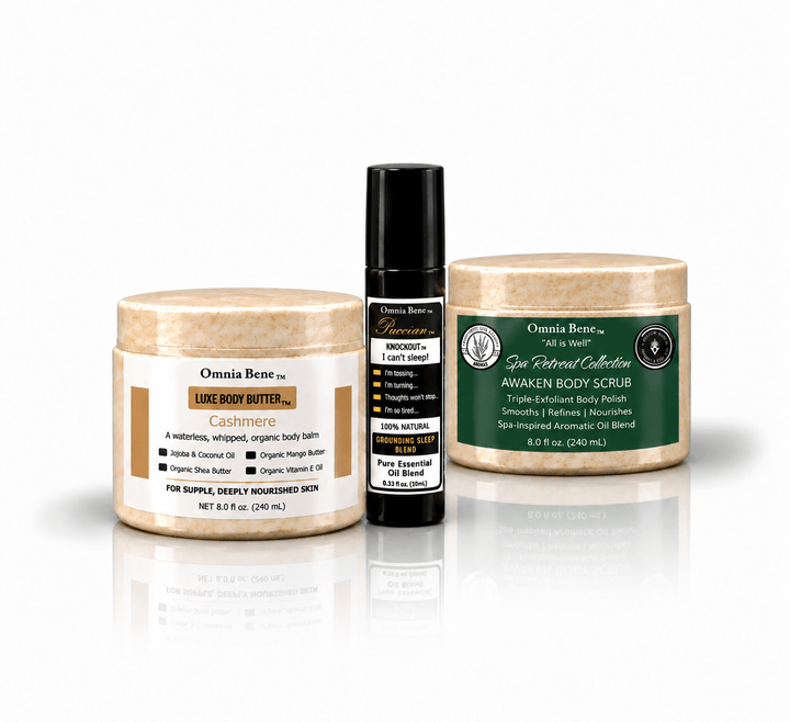 Omnia Bene LUXE Body Butter, AWAKEN Body Scrub and the KNOCKOUT sleep rollerball shown together as a set. A set of three - LUXE Body Butter, AWAKEN Body Scrub and the KNOCKOUT sleep rollerball. Scrub, moisturize, then roll the sleep blend on at bedtime. Organic butters and botanical oils, all waterless.
