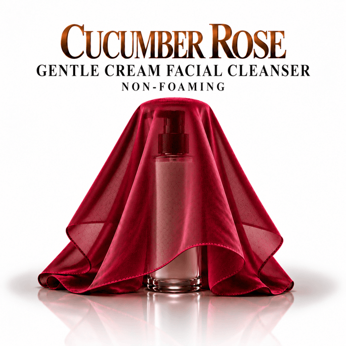 Omnia Bene Cucumber Rose gentle cream facial cleanser, shown draped in red velvet ahead of launch. Part of the Puccian facial line, arriving soon. A gentle cream cleanser that washes off makeup and the day without stripping.