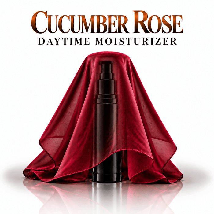 Omnia Bene Cucumber Rose daytime moisturizer, shown draped in red velvet ahead of launch. Part of the Puccian facial line, arriving soon. The morning step, worn over serum.