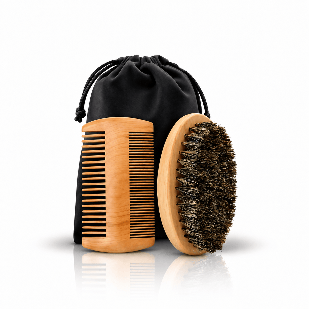 A wooden beard comb and bristle brush from the Omnia Bene Defined Men grooming set, with their pouch.