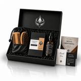 The Omnia Bene Defined Men beard manicuring set laid out in its black gift box with a thank you card.