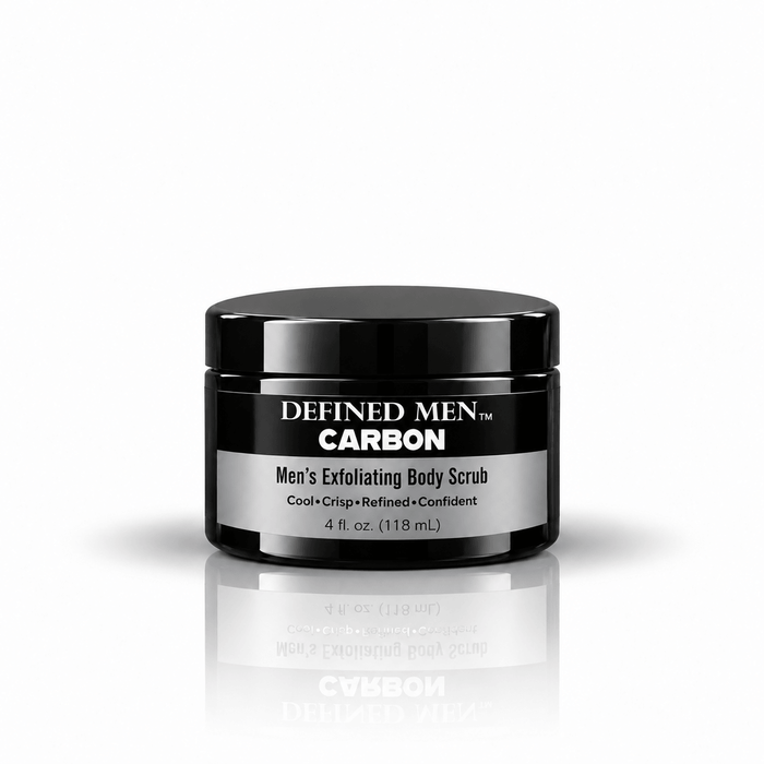 Omnia Bene Defined Men Carbon exfoliating body scrub, 4 fl oz trial size jar.