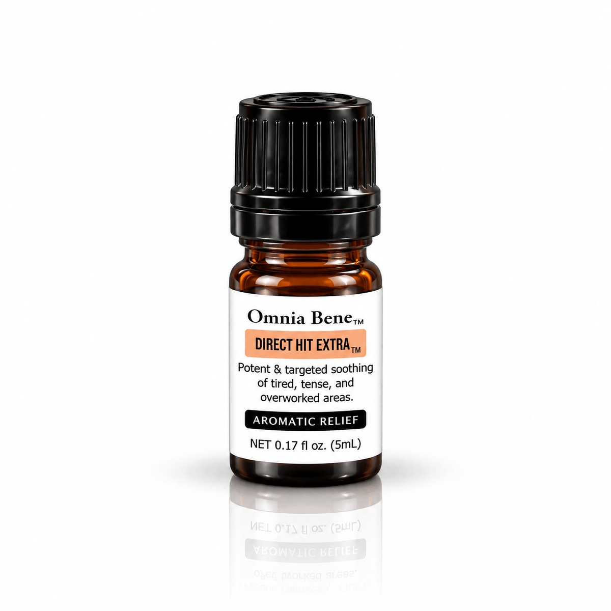 Omnia Bene Direct Hit EXTRA aromatic relief drops in a 5 mL amber bottle. The stronger of the two blends. For tired, worked muscles and tension across the neck, back and legs. Blend into a body oil or lotion before massaging in.