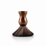Omnia Bene Heritage shave cream brush with a polished wood handle, standing bristles down.