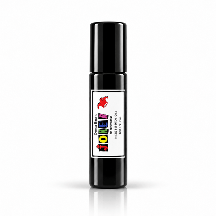 Omnia Bene JOKER boys rollerball cologne, a 10 mL black roll-on with a colourful label. A 10 mL black roll-on cologne with a colourful label, made for boys. Alcohol free and gentle on young skin. Roll onto the wrists before school or a game.