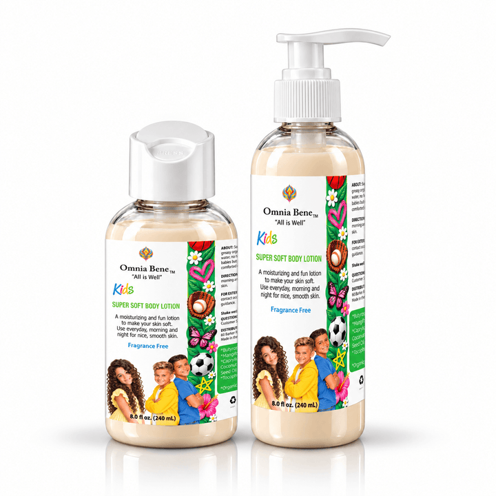 Omnia Bene Kids Super Soft Body Lotion, fragrance free, in an 8 fl oz flip-top bottle and an 8 fl oz pump bottle. An 8 fl oz bottle of kids body lotion with organic shea and mango butters, jojoba and sunflower oils. Gentle enough for children, toddlers and babies. Use after a bath, on arms, legs and anywhere skin is dry.