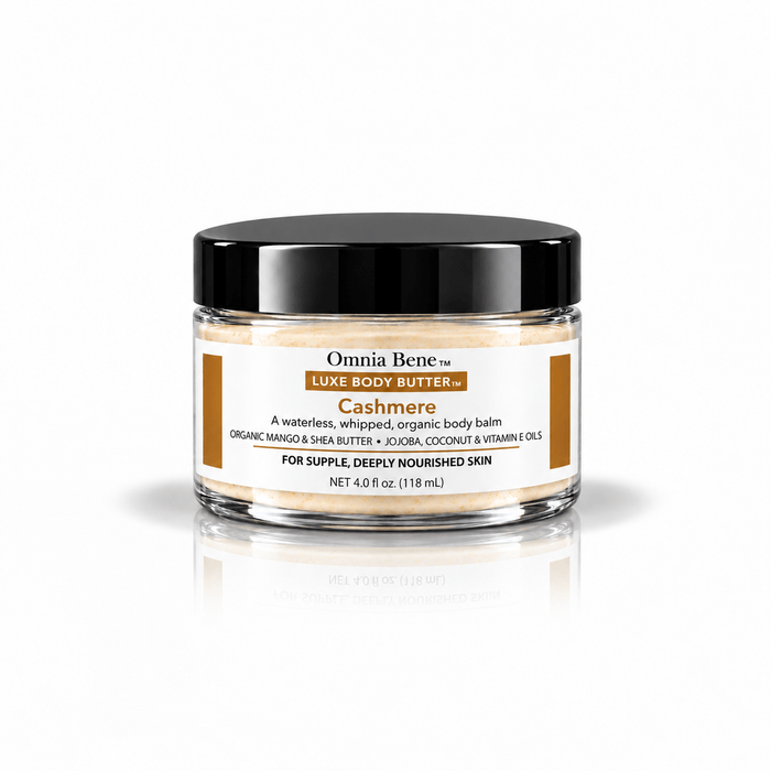 Omnia Bene LUXE Body Butter in Cashmere, 4 fl oz trial size jar.